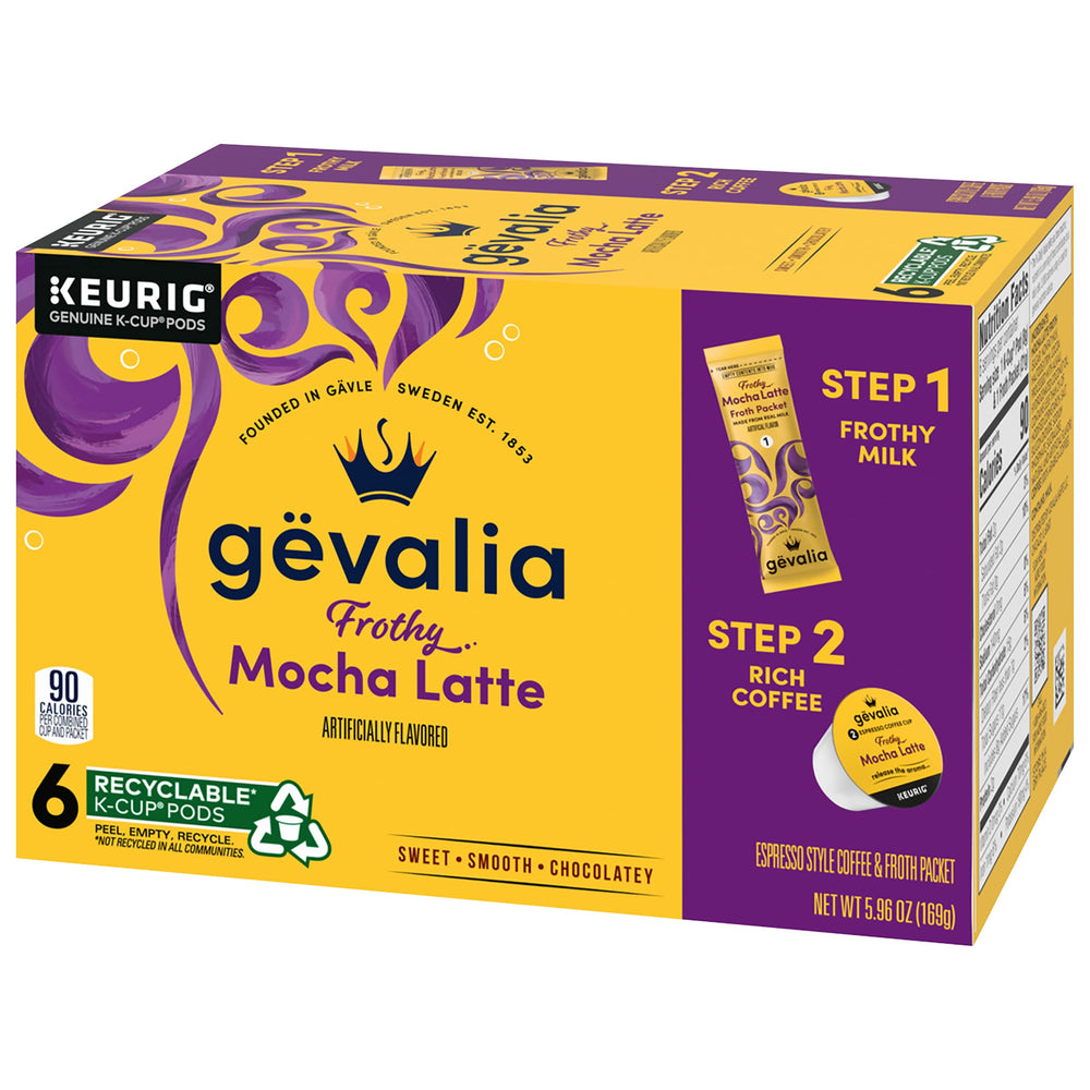 Gevalia creamy foam on top of mocha latte in cup