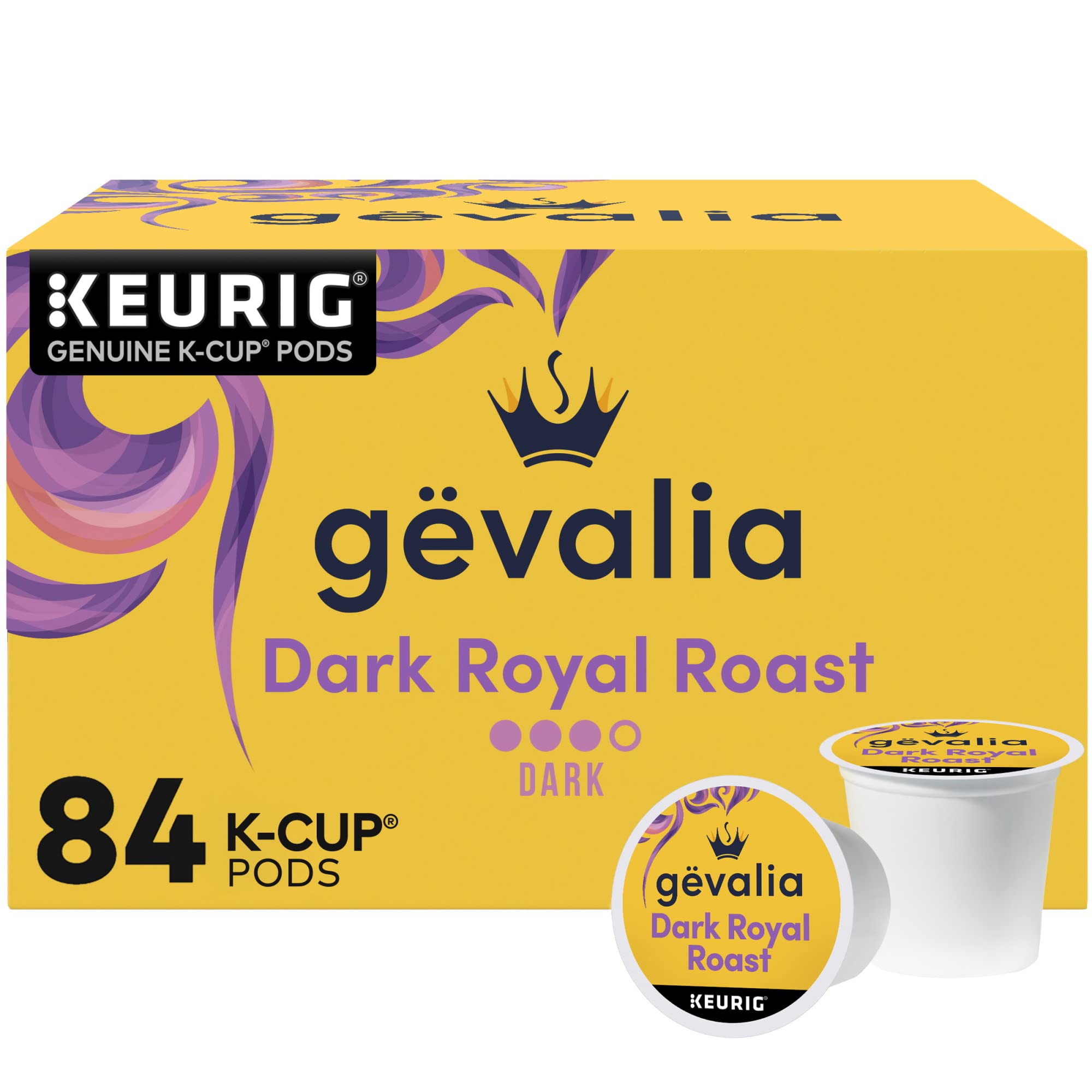 Gevalia Dark Royal Roast 84 count box on shelf for daily coffee