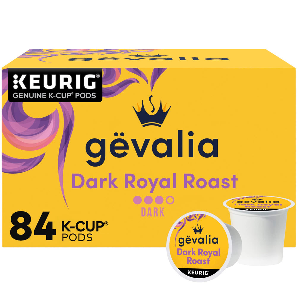 Gevalia Dark Royal Roast 84 count box on shelf for daily coffee