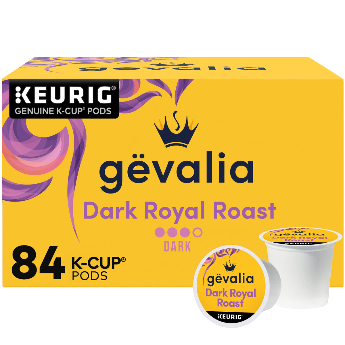 Gevalia Dark Royal Roast 84 count box on shelf for daily coffee