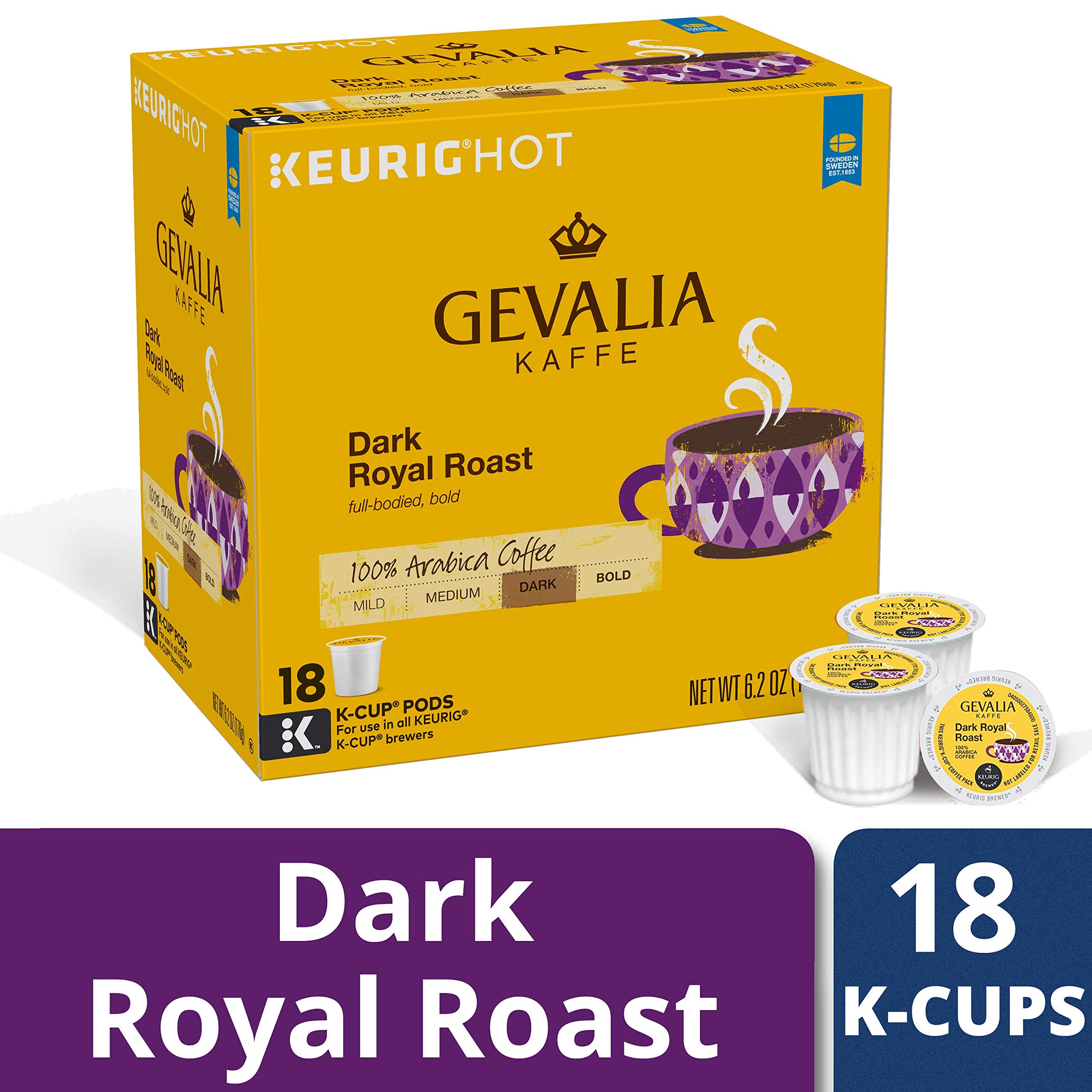 Gevalia Dark Royal Roast box packaging sits on a kitchen counter for easy grab-and-go.