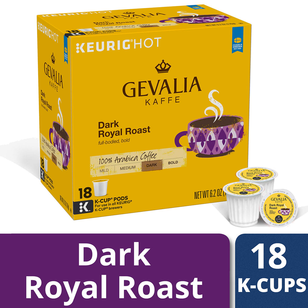 Gevalia Dark Royal Roast box packaging sits on a kitchen counter for easy grab-and-go.