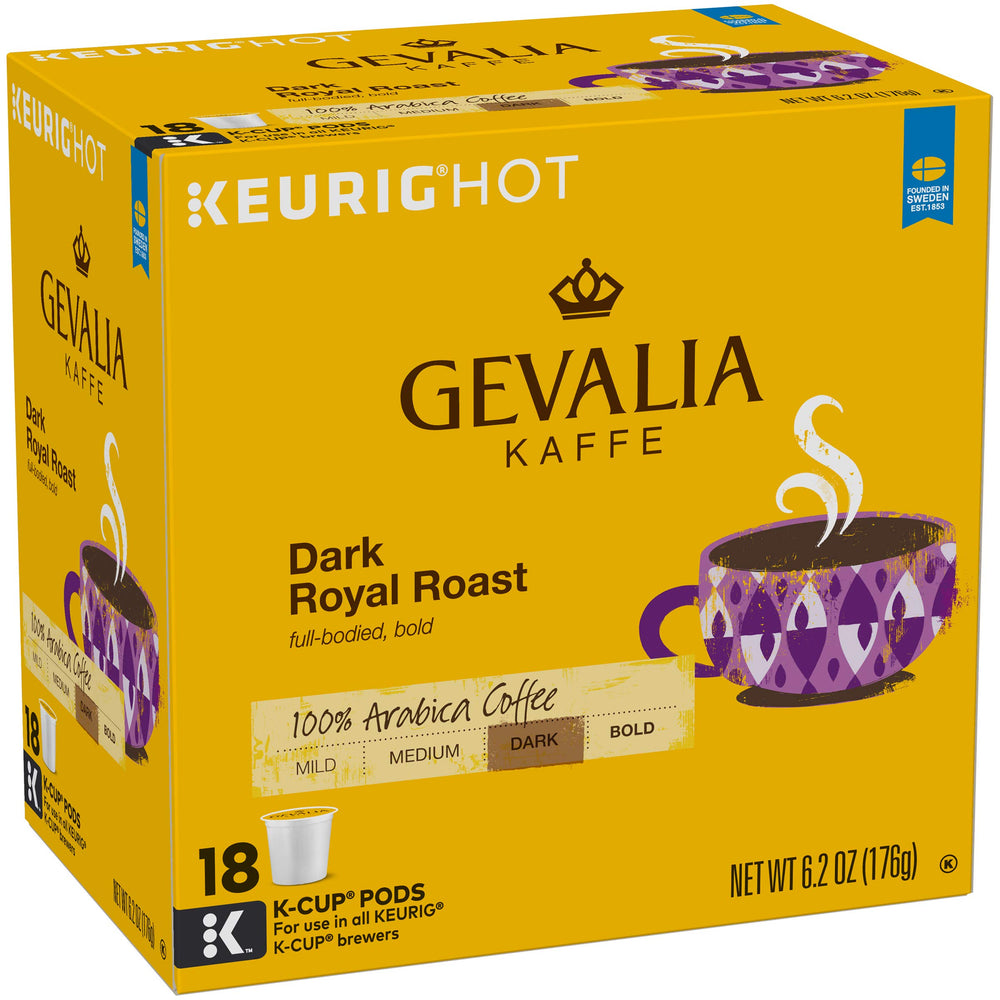 Gevalia Dark Royal Roast cup with steam shows full-bodied flavor and aroma.