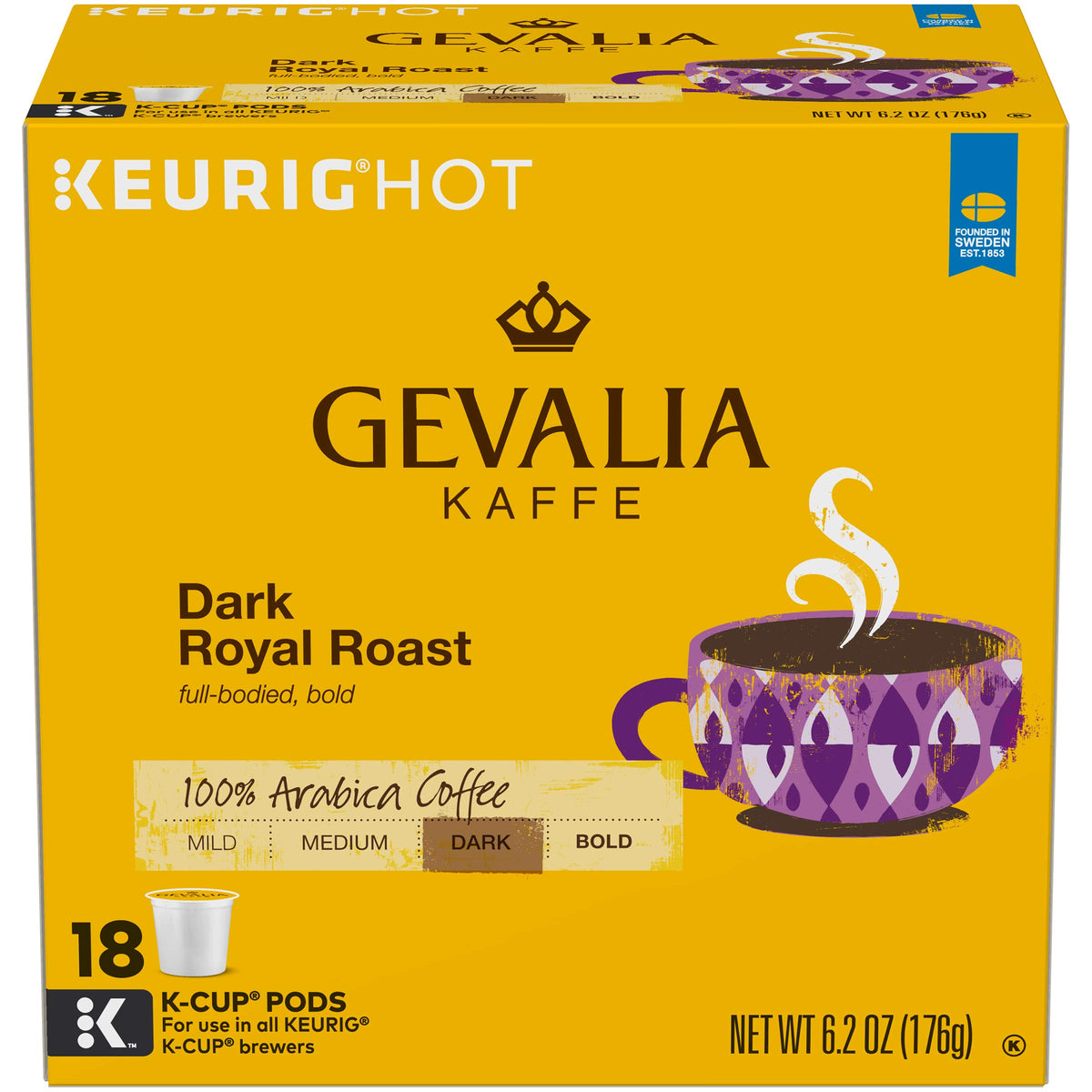 Gevalia Dark Royal Roast K-Cup pods in a box for fast, consistent mornings.