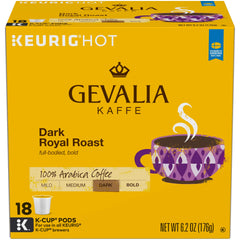 Gevalia Dark Royal Roast K-Cup pods in a box for fast, consistent mornings.