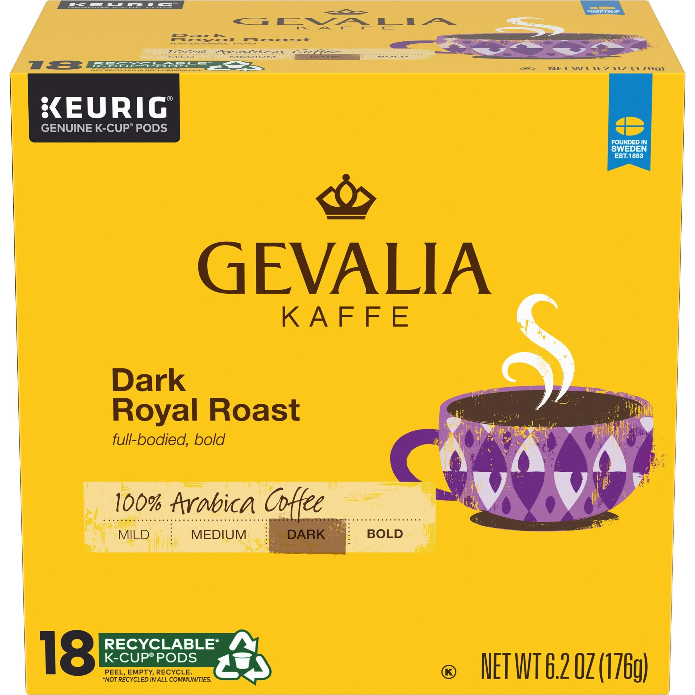 Gevalia Dark Royal Roast K-Cup pods in box deliver rich flavor.