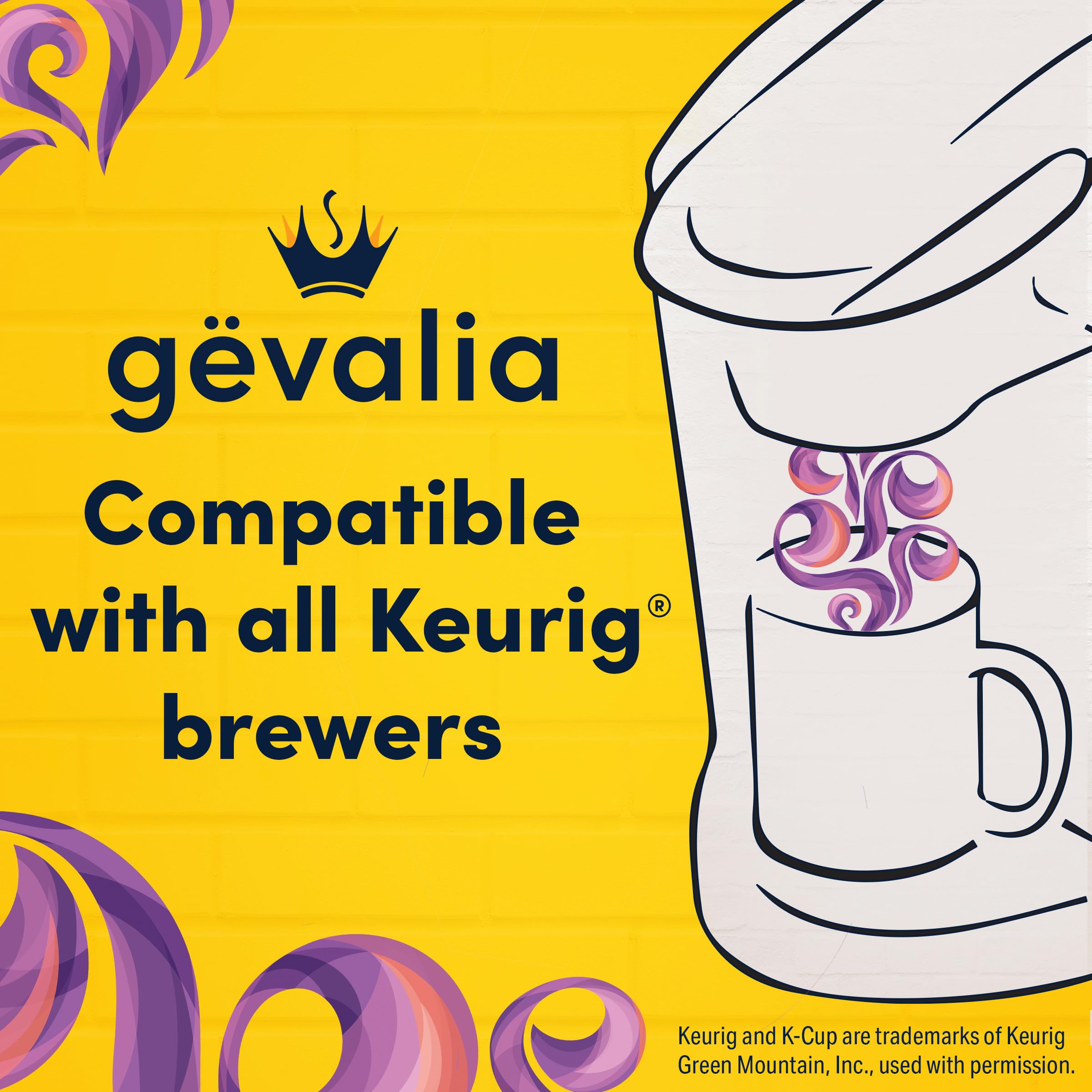 Gevalia K-Cup pods on a kitchen counter ready to brew