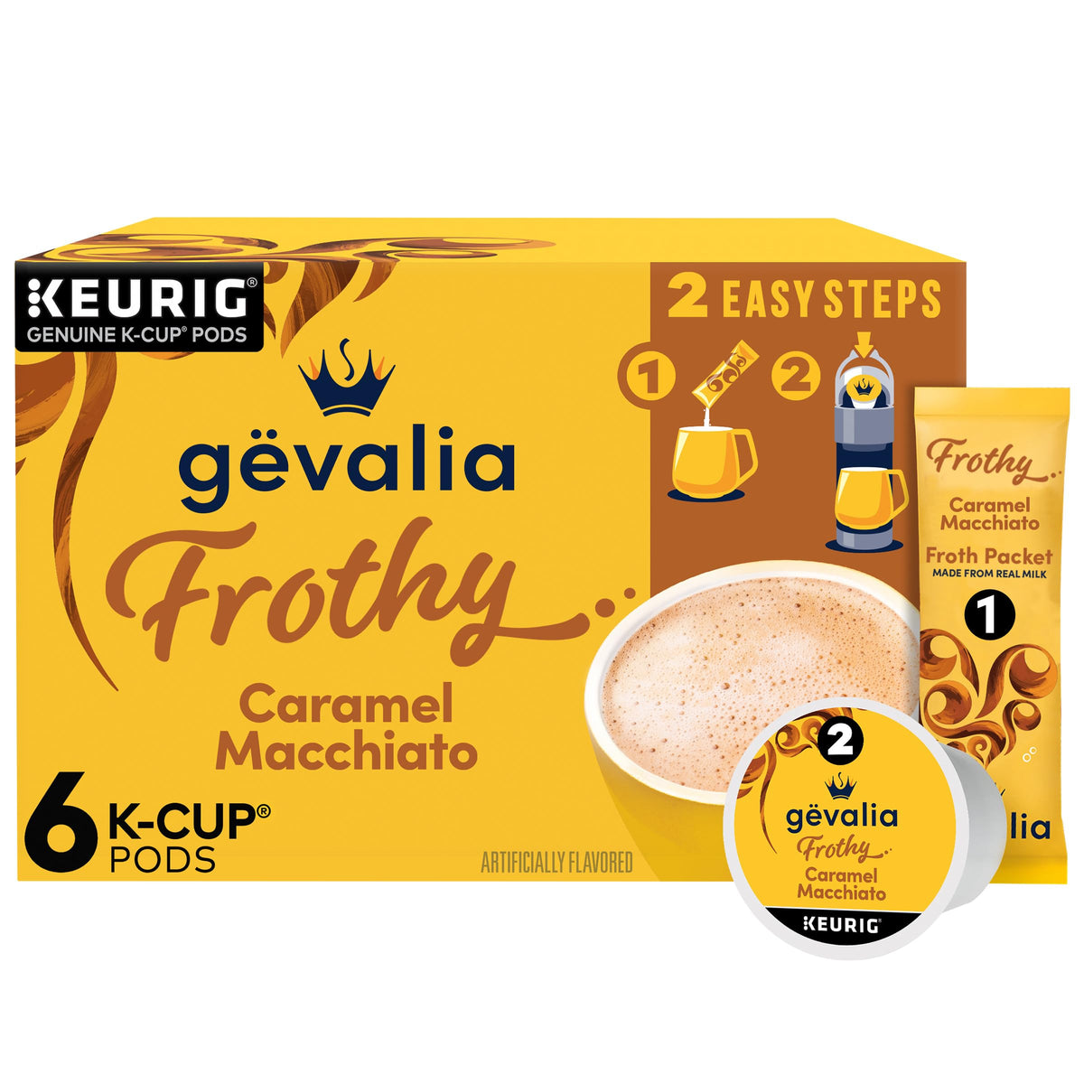 Gevalia caramel macchiato K-Cup pod with frothy crema for a rich espresso-style brew.
