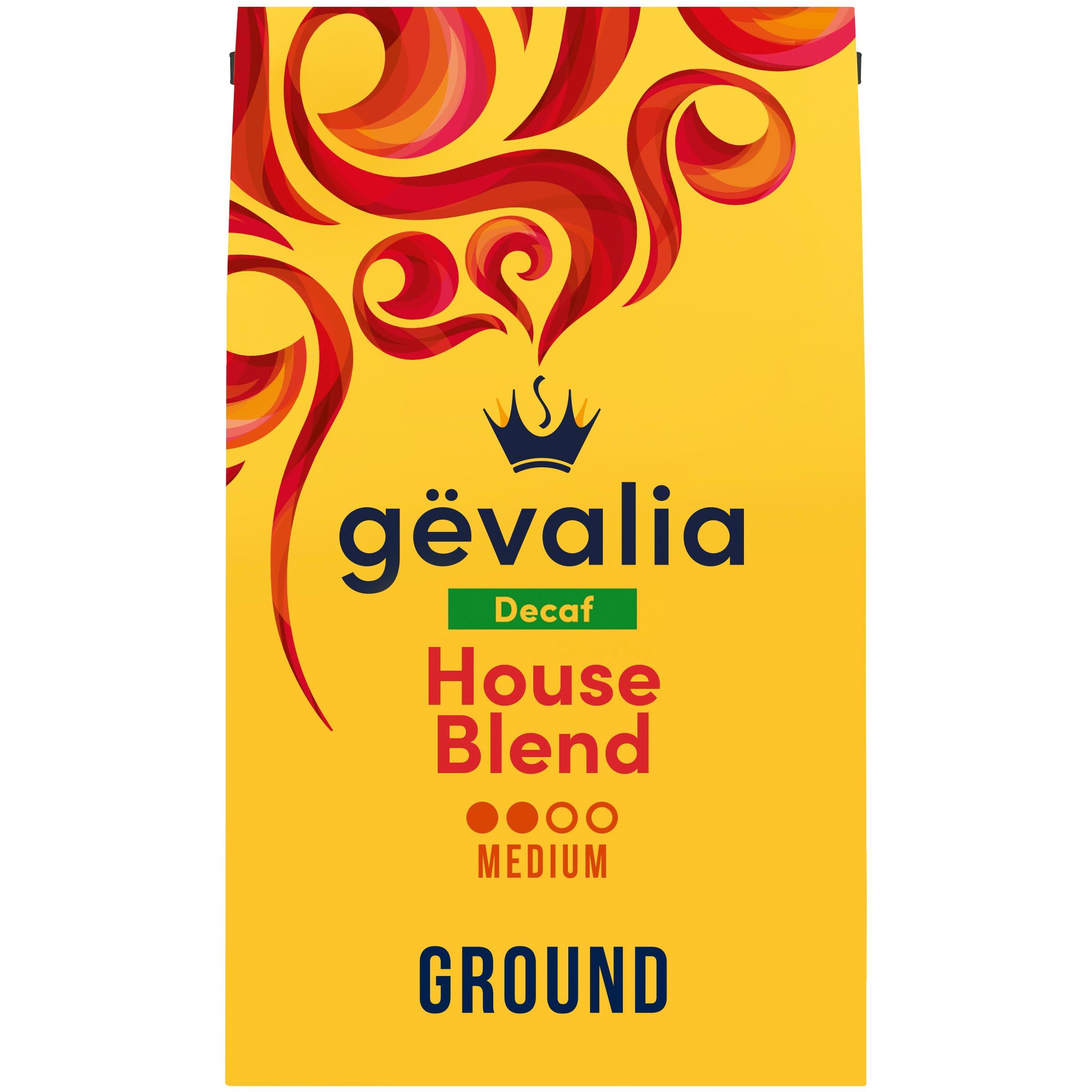 Gevalia Decaf House Blend coffee bag front shows premium beans and balanced aroma.