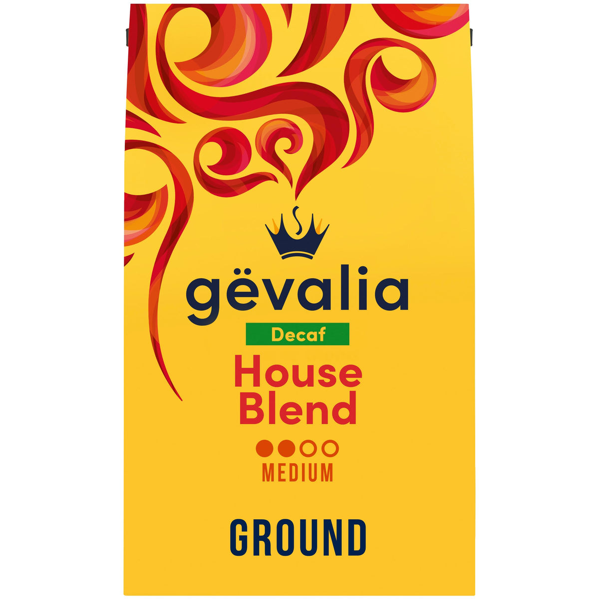 Gevalia Decaf House Blend coffee bag front shows premium beans and balanced aroma.