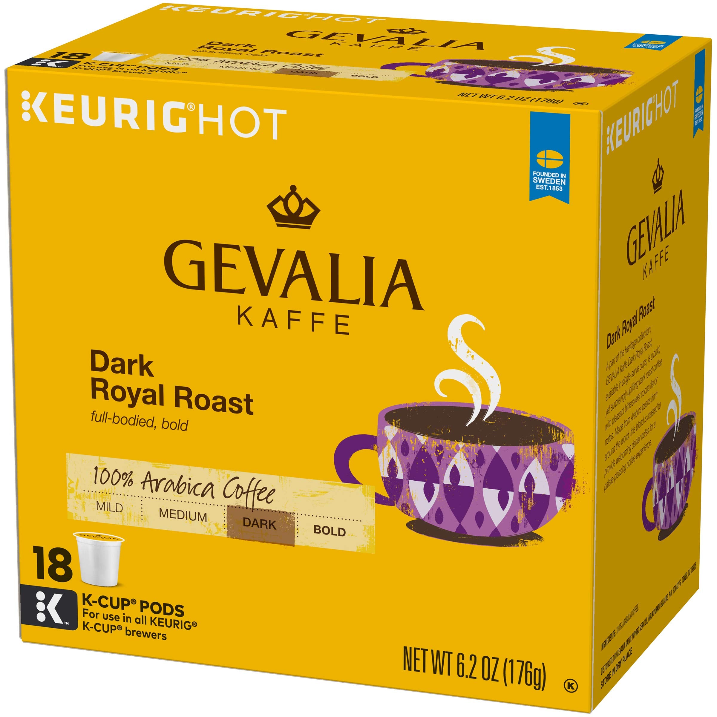 Gevalia K-Cup pods compatible with 1.0 and 2.0 brewers.