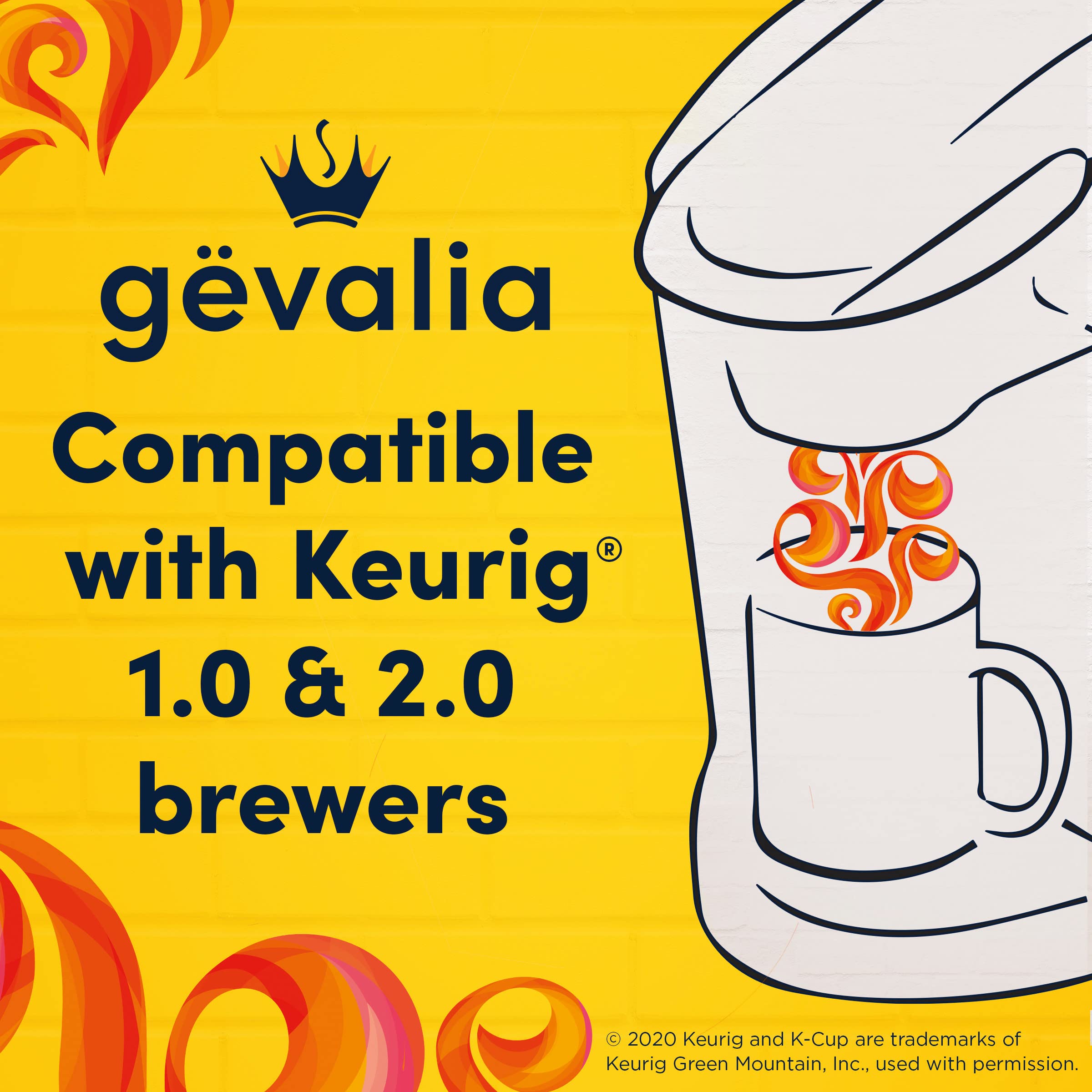 Gevalia K-Cup pods show Keurig 1.0 and 2.0 compatibility.