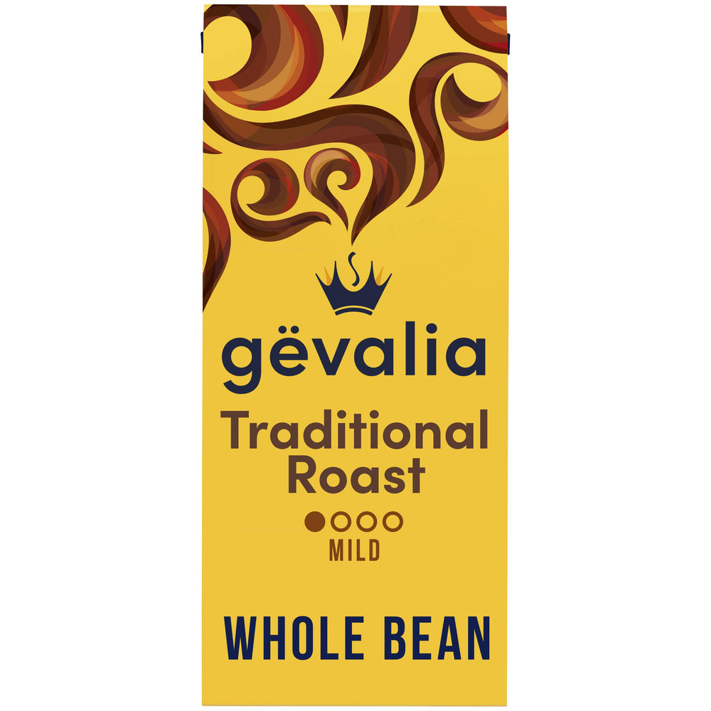 Gevalia Mild Roast Whole Bean Coffee bag ready for home brewing and aroma-rich cups