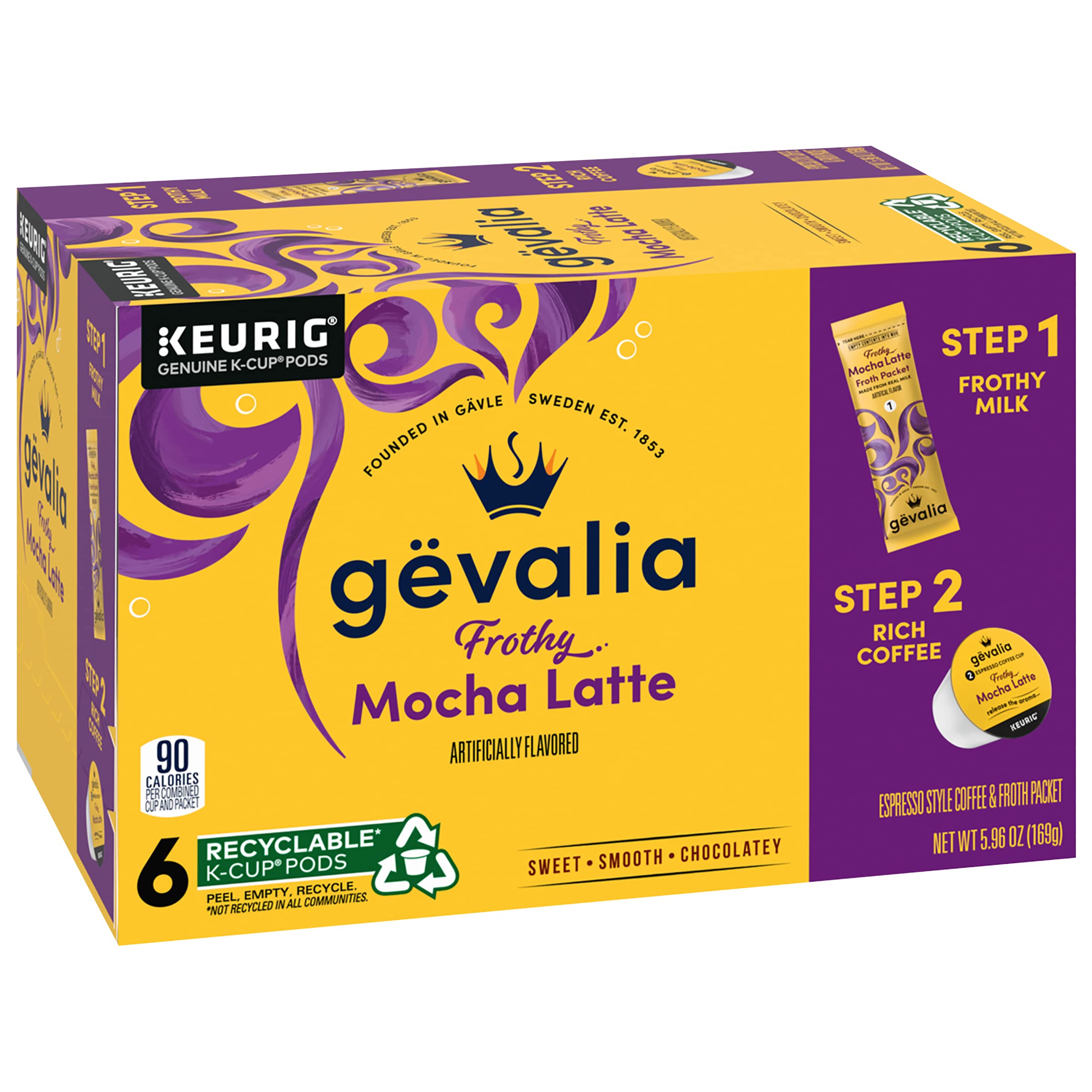 Gevalia mocha latte froth packets on counter ready to top