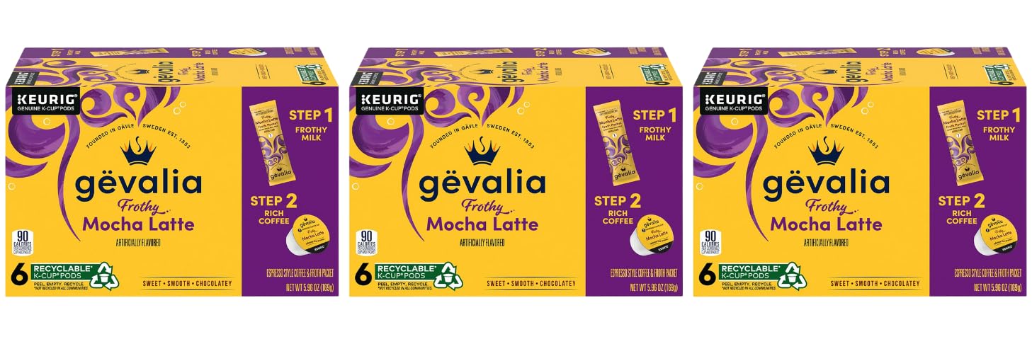 Gevalia mocha latte K-Cup pods on box for quick home brewing