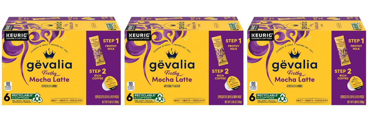 Gevalia mocha latte K-Cup pods on box for quick home brewing