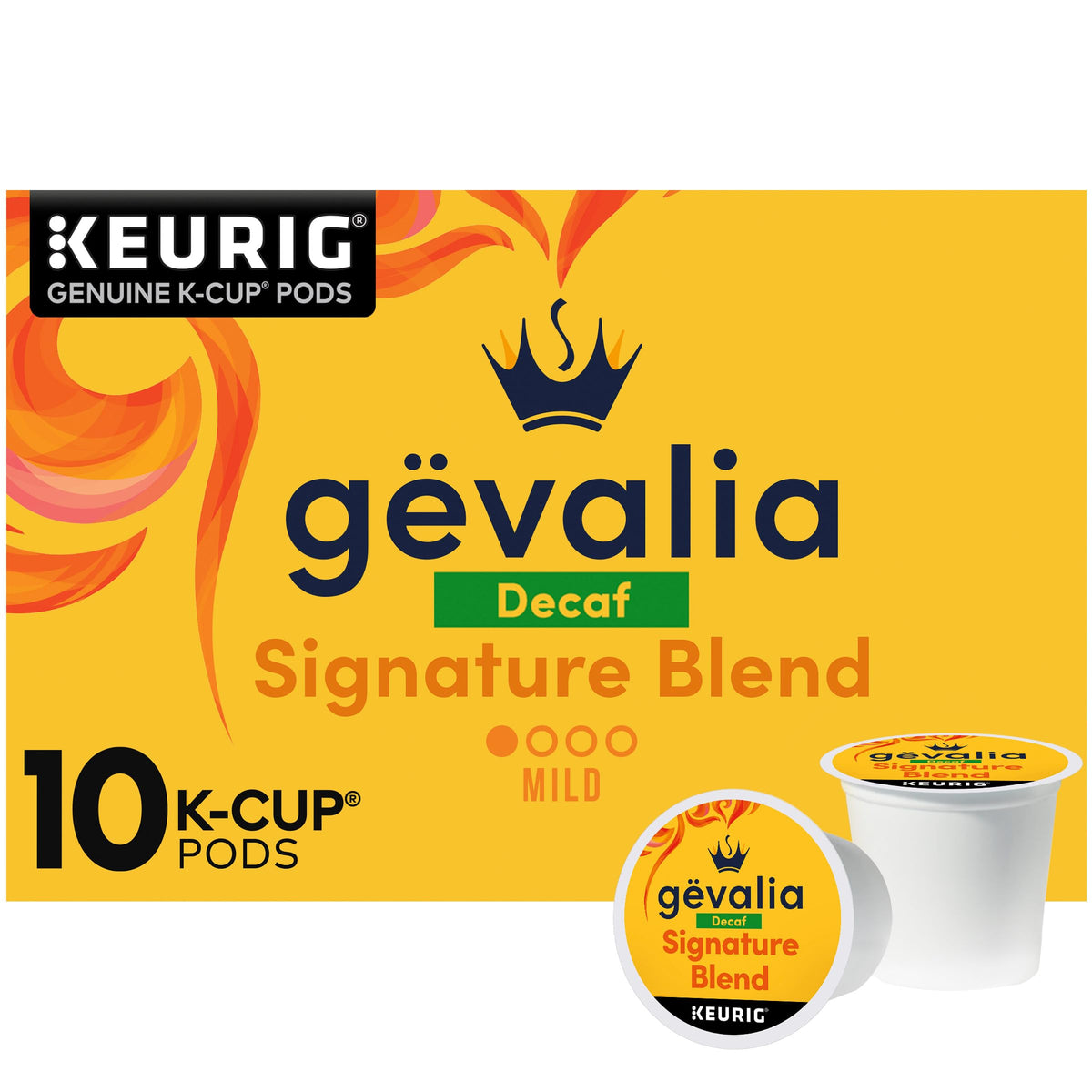 Gevalia Signature Blend Decaf box with 10 K-Cups ready for a Keurig brew