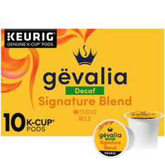 Gevalia Signature Blend Decaf box with 10 K-Cups ready for a Keurig brew