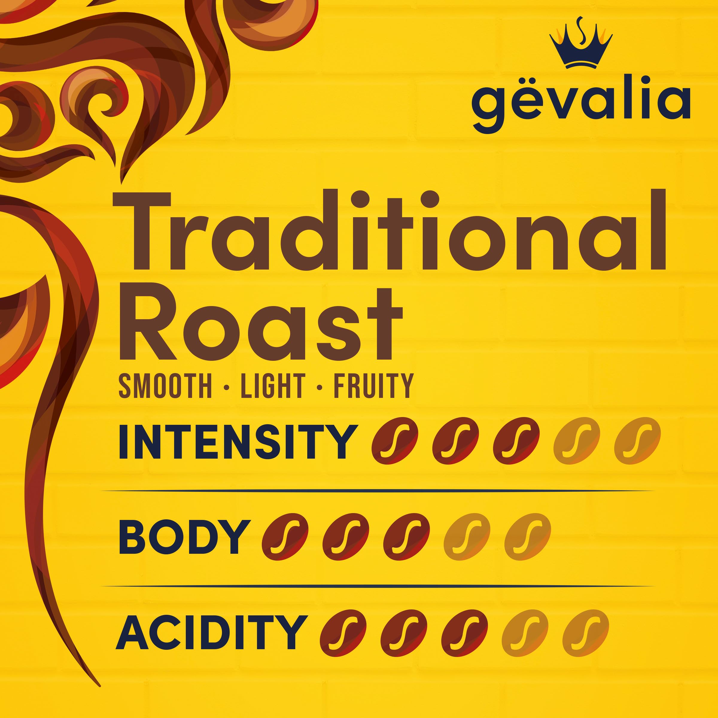 Packaging closeup of Gevalia Traditional Roast resealable bag design.