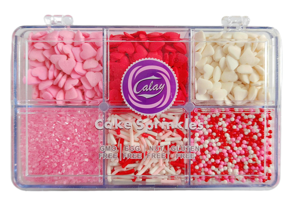 Gevog edible Valentines hearts sprinkles brighten cakes and cupcakes with festive color.