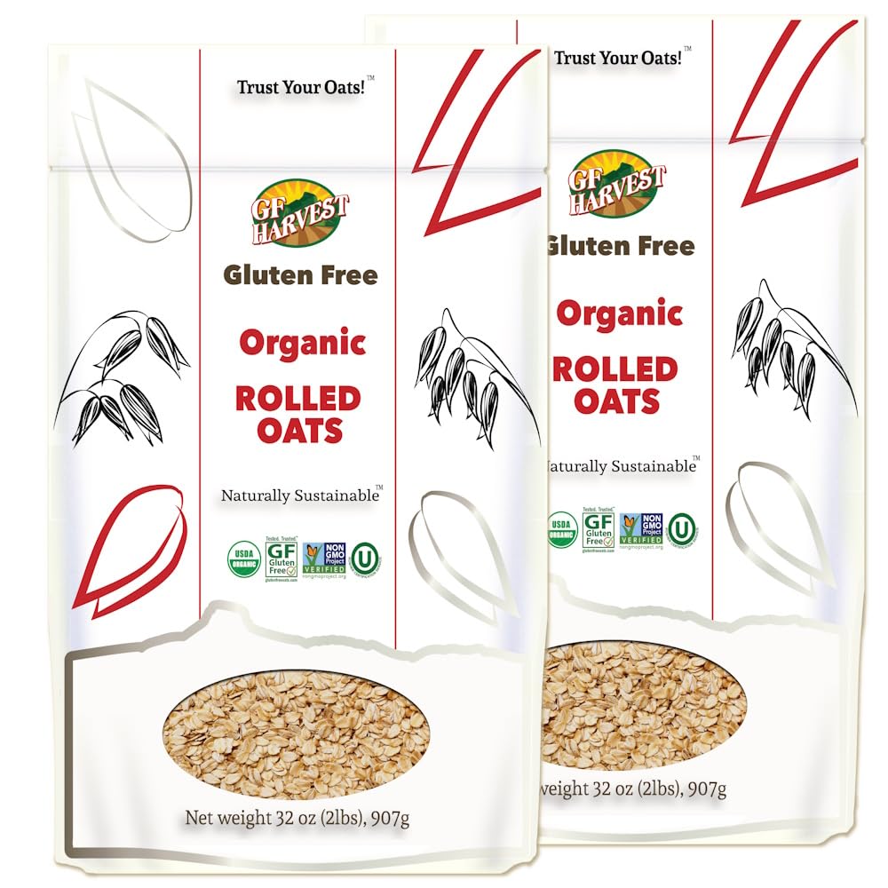 GF Harvest gluten free organic rolled oats in resealable bags for healthy breakfasts.