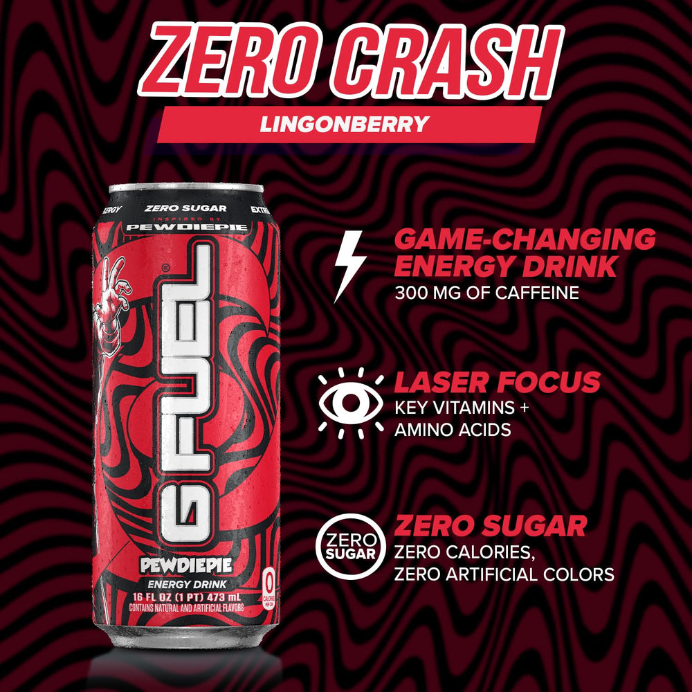 G Fuel Lingonberry highlights 300 mg caffeine for quick energy.