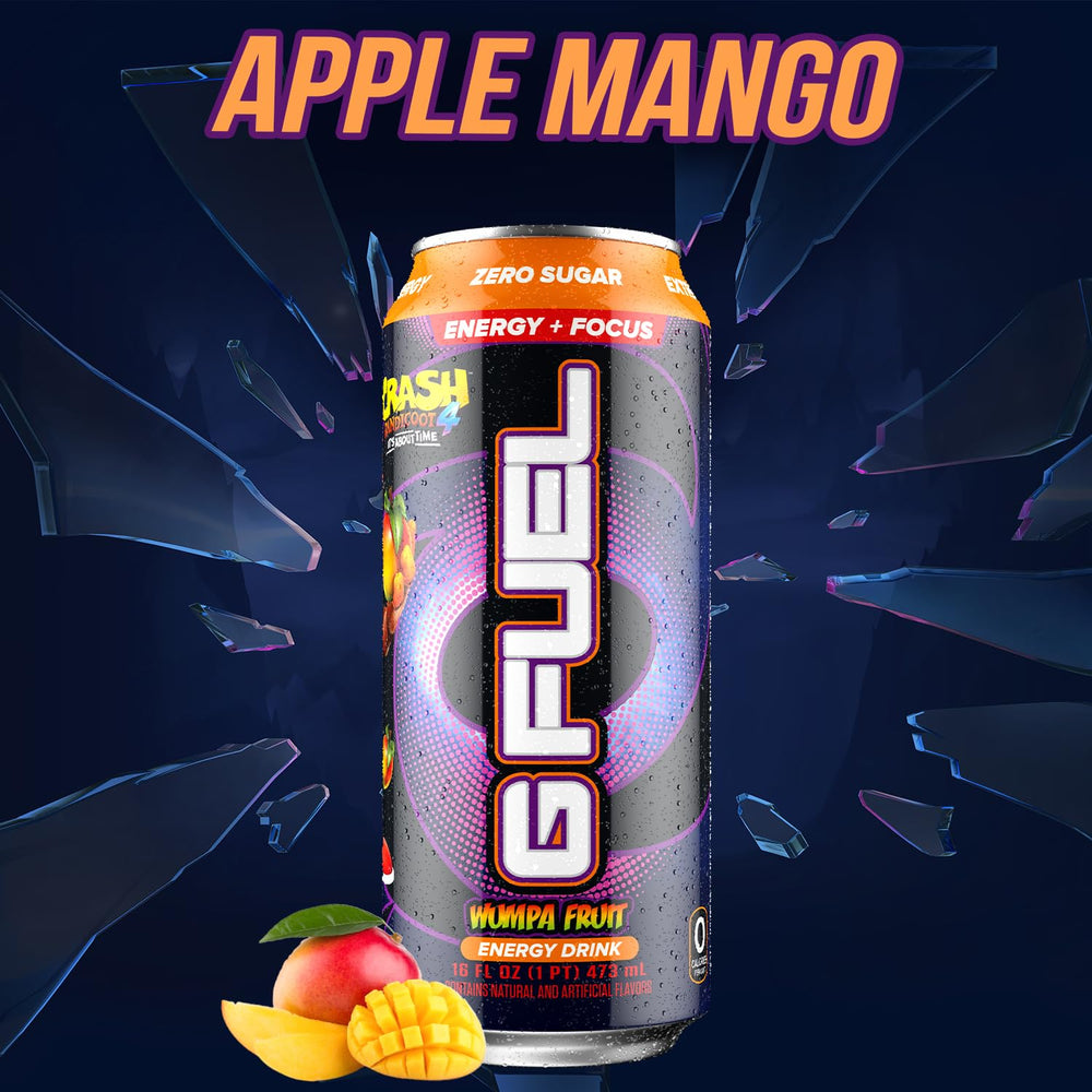 G Fuel Apple Mango can front view, carbonated energy with zero sugar for daytime boosts.