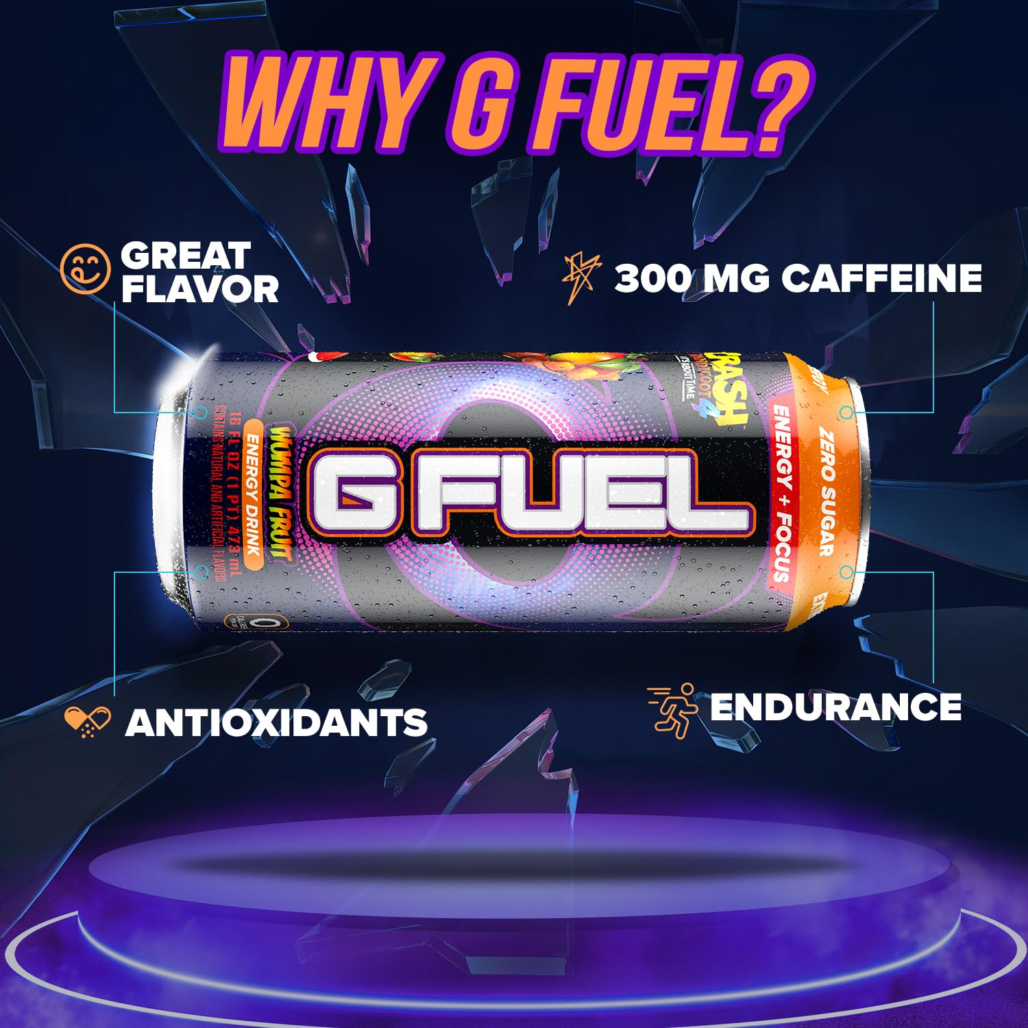 G Fuel Apple Mango can pour, bubbles rising as a refreshing energy drink is dispensed.