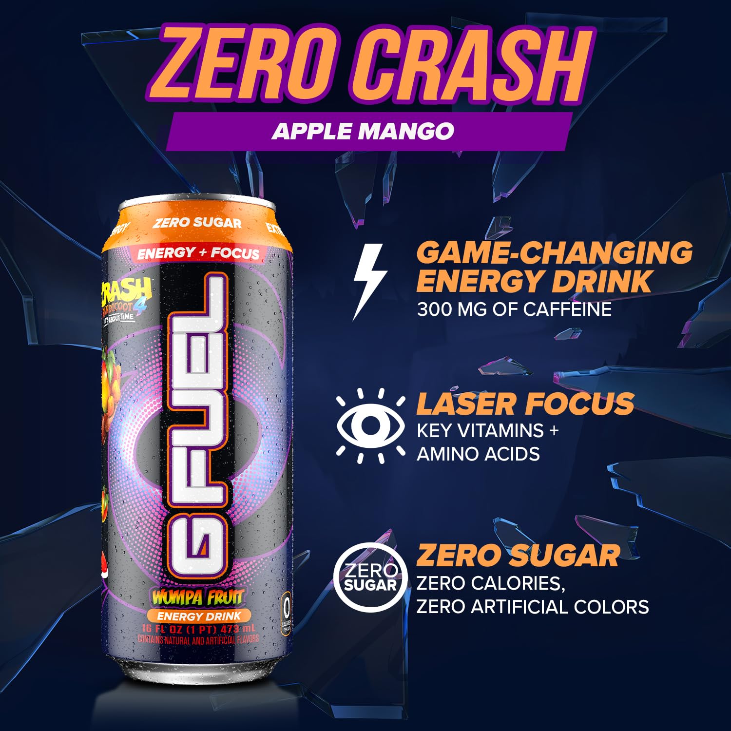 G Fuel Apple Mango label close-up, vibrant artwork and vitamin mix highlighted.