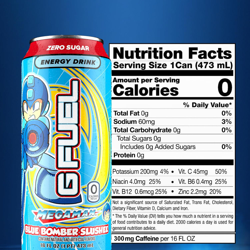 G Fuel Blue Bomber Slushee energy boost depicted in can art.