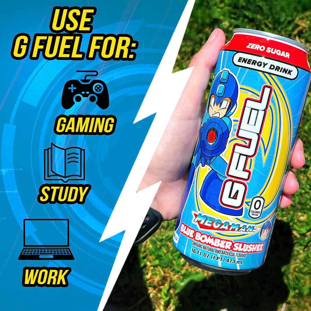 G Fuel Blue Bomber Slushee label emphasizes zero sugar promise.