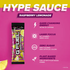 G Fuel Hype Sauce Raspberry Lemonade close-up showing vibrant flavor