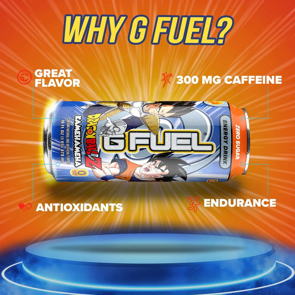 G Fuel Kamehameha close-up label emphasizes zero sugar and antioxidants