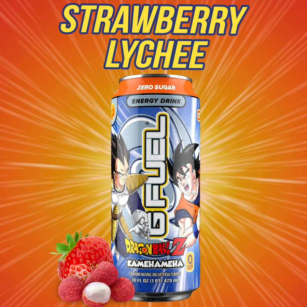 G Fuel Kamehameha energy cans arranged for on-the-go focus and alertness