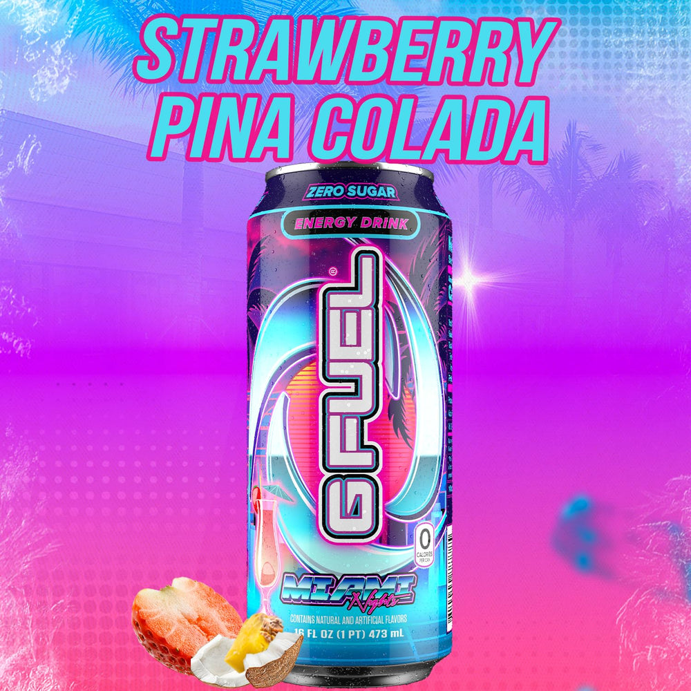 G Fuel Miami Nights gaming and study scene with energy drink