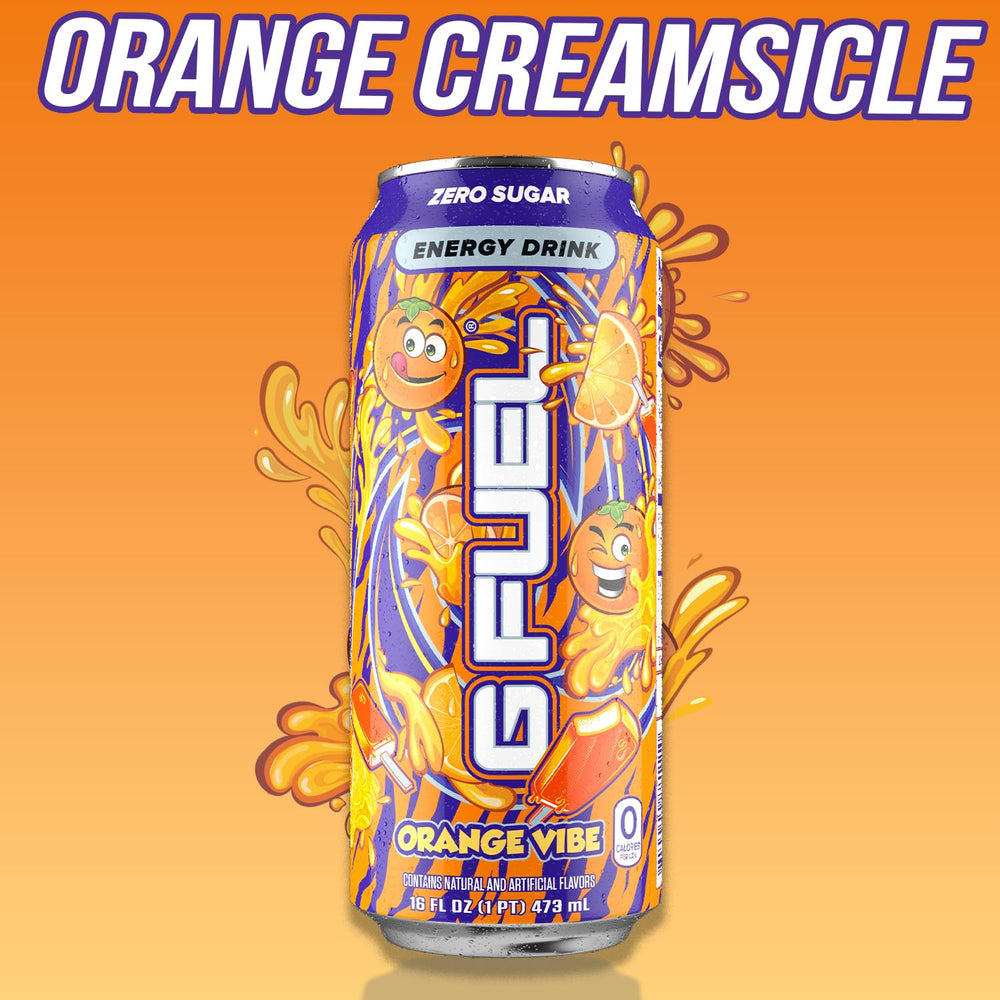 G Fuel Orange Vibe can poured into glass for refreshment and focus