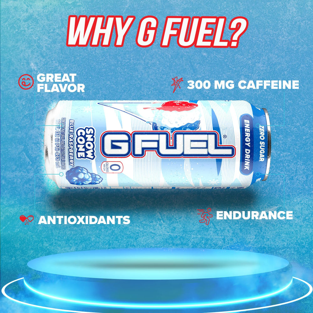G Fuel Snow Cone label close-up shows zero sugar and vitamin blend.