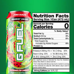 G Fuel Watermelon Limeade can side view highlights zero sugar caffeine