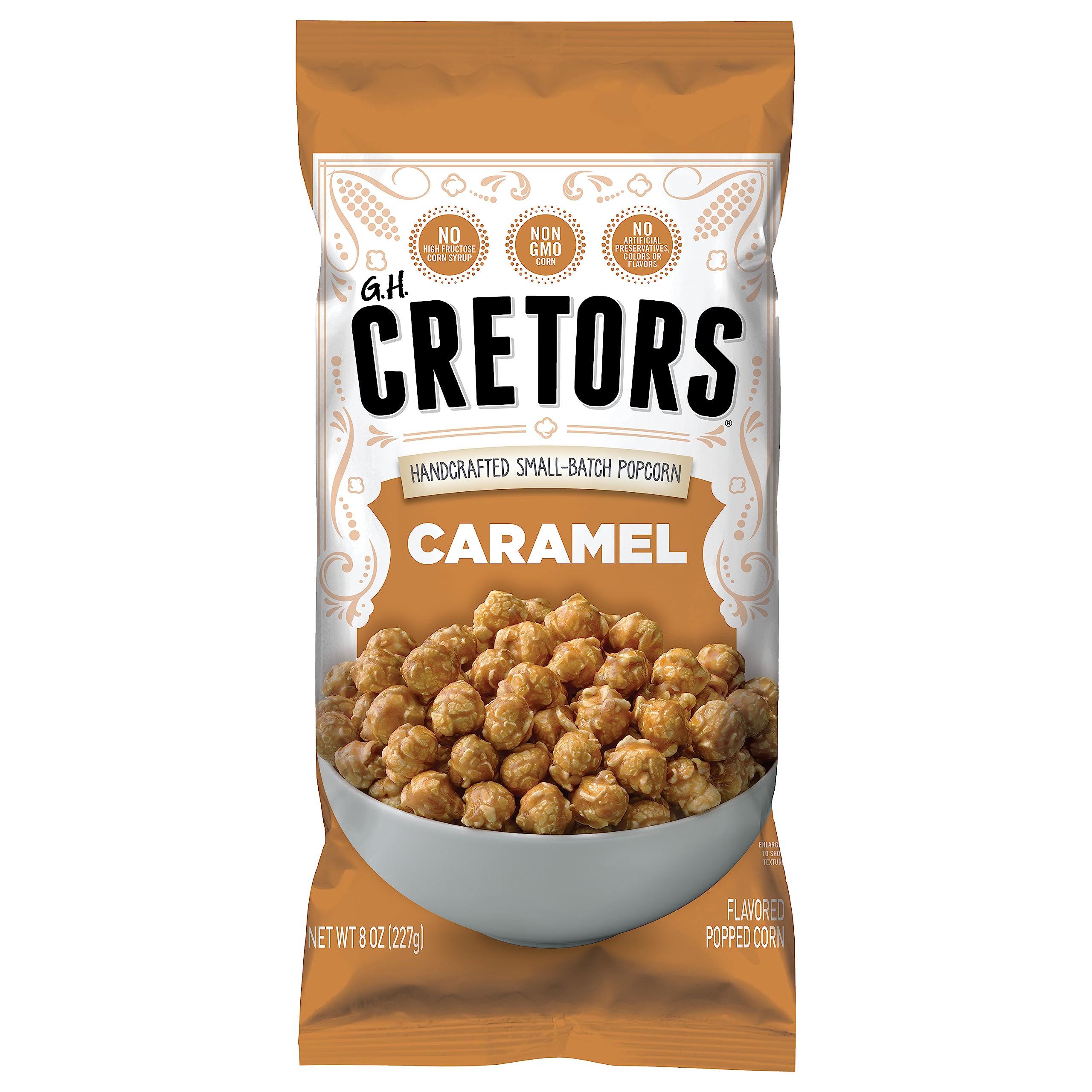 G.H. Cretors caramel corn bag view, ideal for sharing gourmet flavor