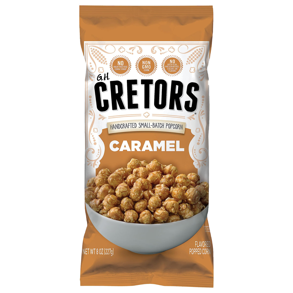 G.H. Cretors caramel corn bag view, ideal for sharing gourmet flavor