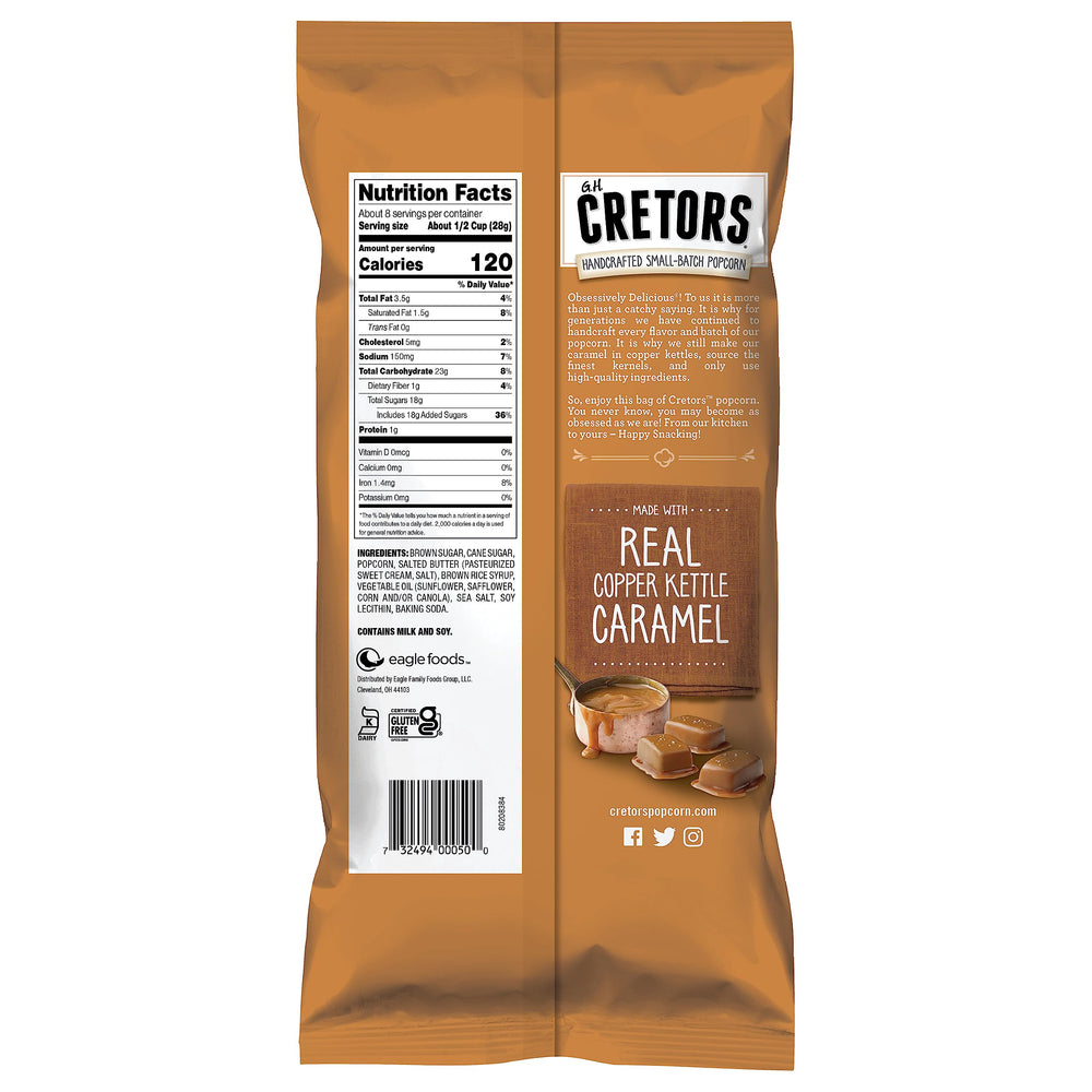 Closeup of buttery caramel glaze on G.H. Cretors popcorn, indulgent texture