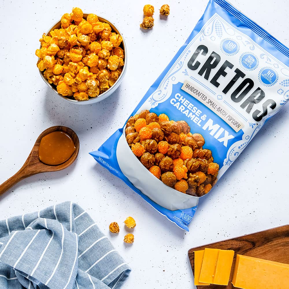 G.H. Cretors caramel popcorn close-up emphasizing buttery sweetness for snacking.