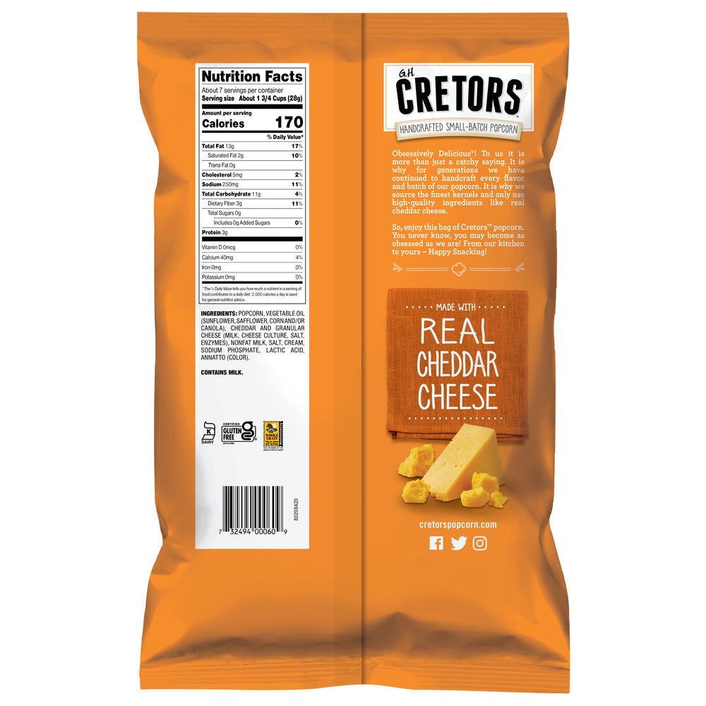 G.H. Cretors cheddar cheese corn packaging label highlighting real ingredients for premium snacking.