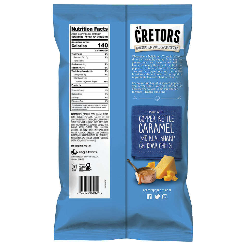 G.H. Cretors cheddar popcorn close-up highlighting bold cheese flavor for movie nights.