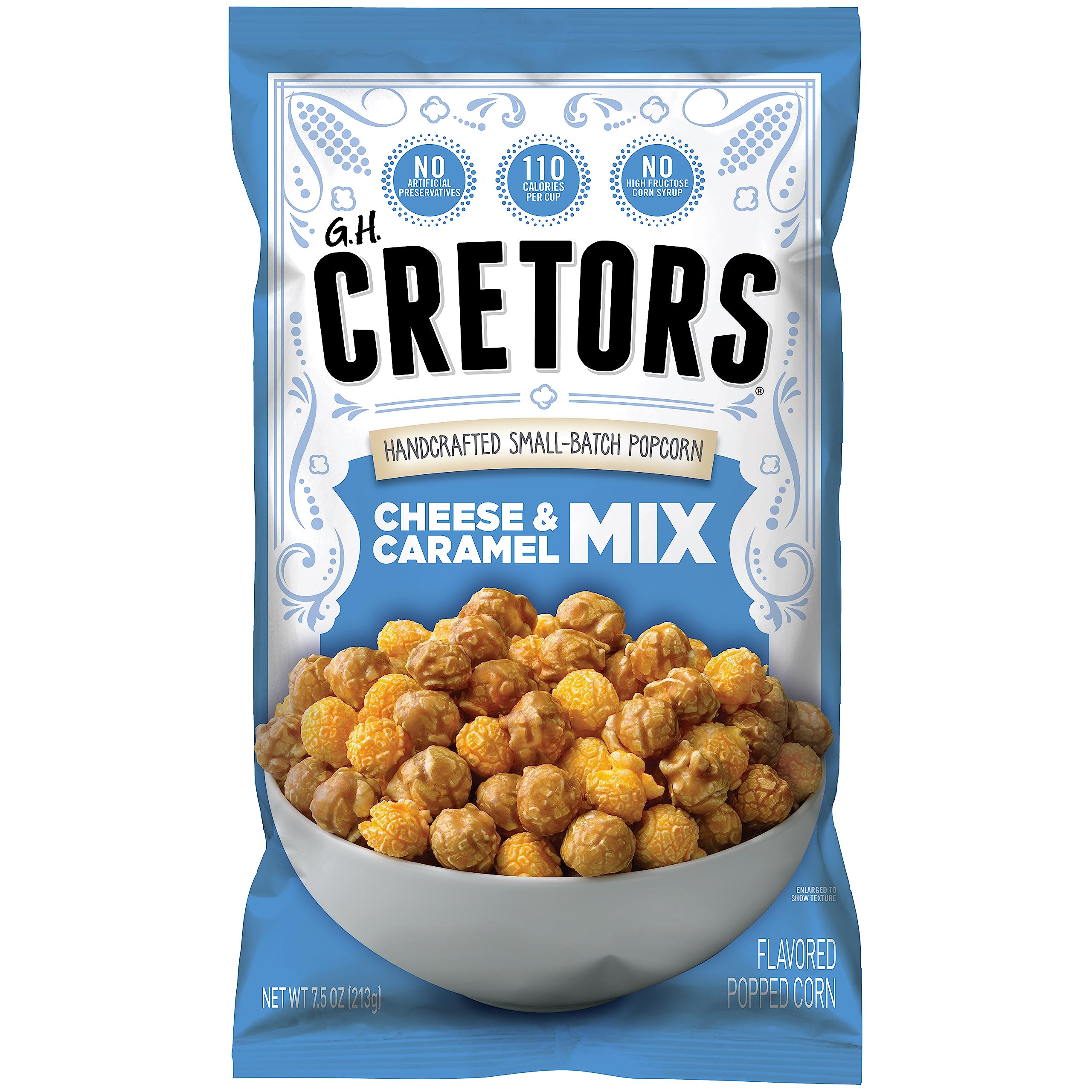 G.H. Cretors Cheese & Caramel Bag showing a balanced sweet-savory snack for sharing.