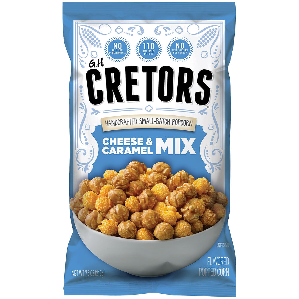 G.H. Cretors Cheese & Caramel Bag showing a balanced sweet-savory snack for sharing.