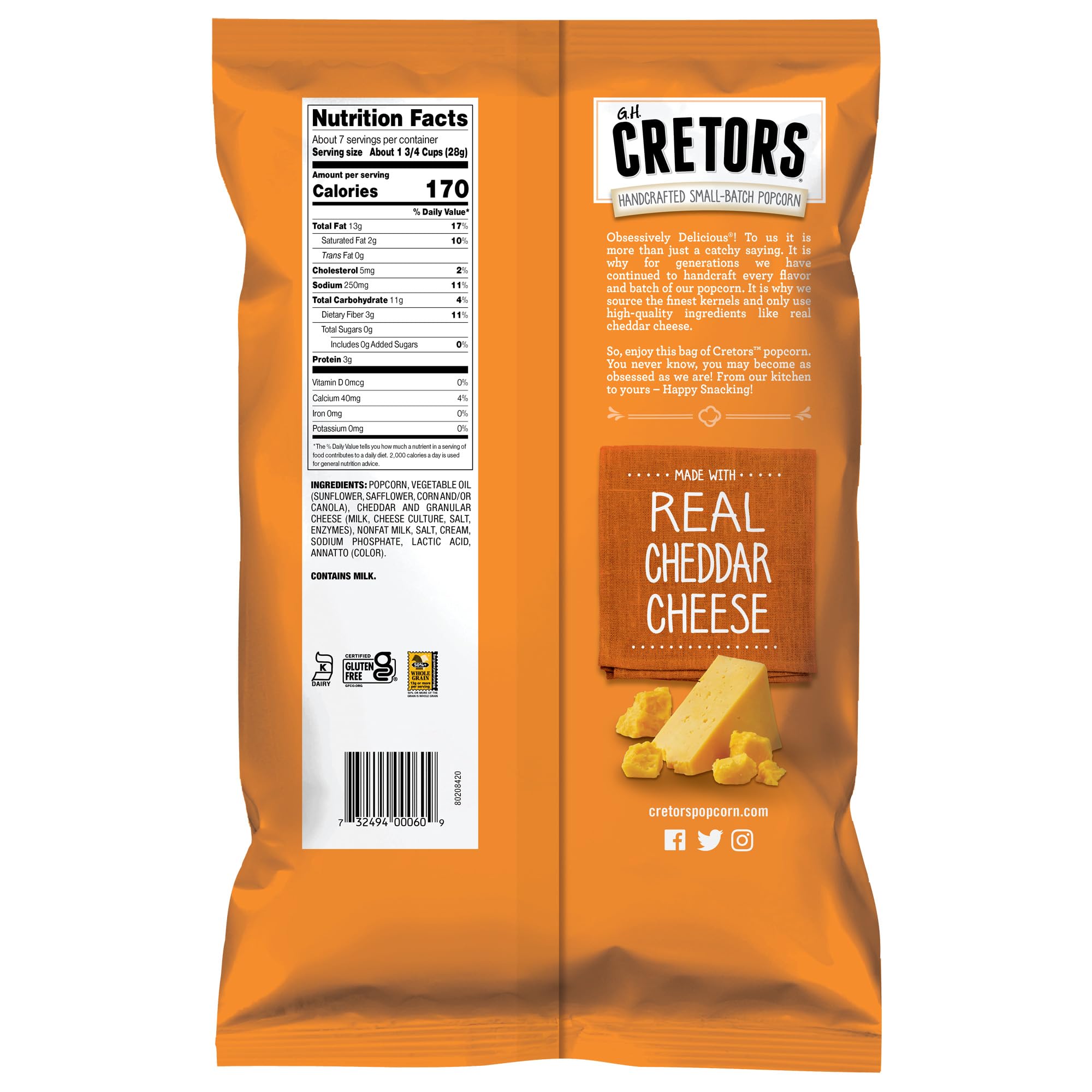 G.H. Cretors Just the Cheese Corn closeup highlighting cheddar cheese and crisp texture.