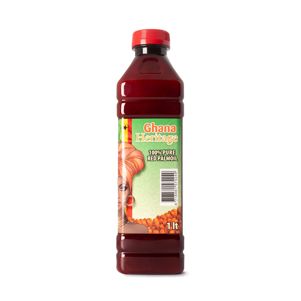Ghana Heritage Red Palm Oil bottle pouring for cooking with rich flavor boost.