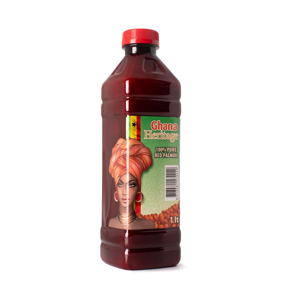 Ghana Heritage Red Palm Oil label detail signaling pure palm fruit oil.