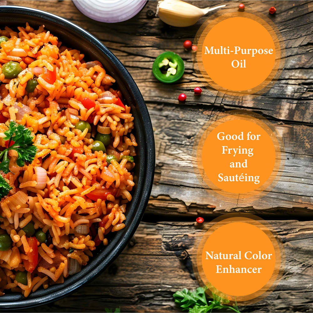GHANA HERITAGE Red Palm Oil label showcases clean ingredients and pure oil.